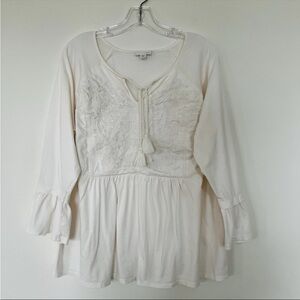 J.Jill Top Women's Long Sleeve Tassel Floral Embroidered Tunic Blouse Ivory 2X